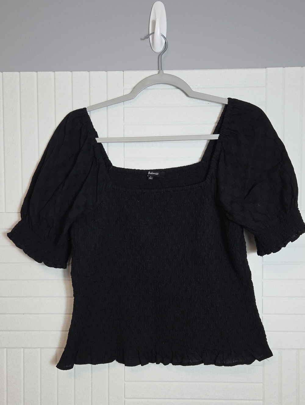 Madewell Black Smocked Ruffle Trim Peasant Top Size L